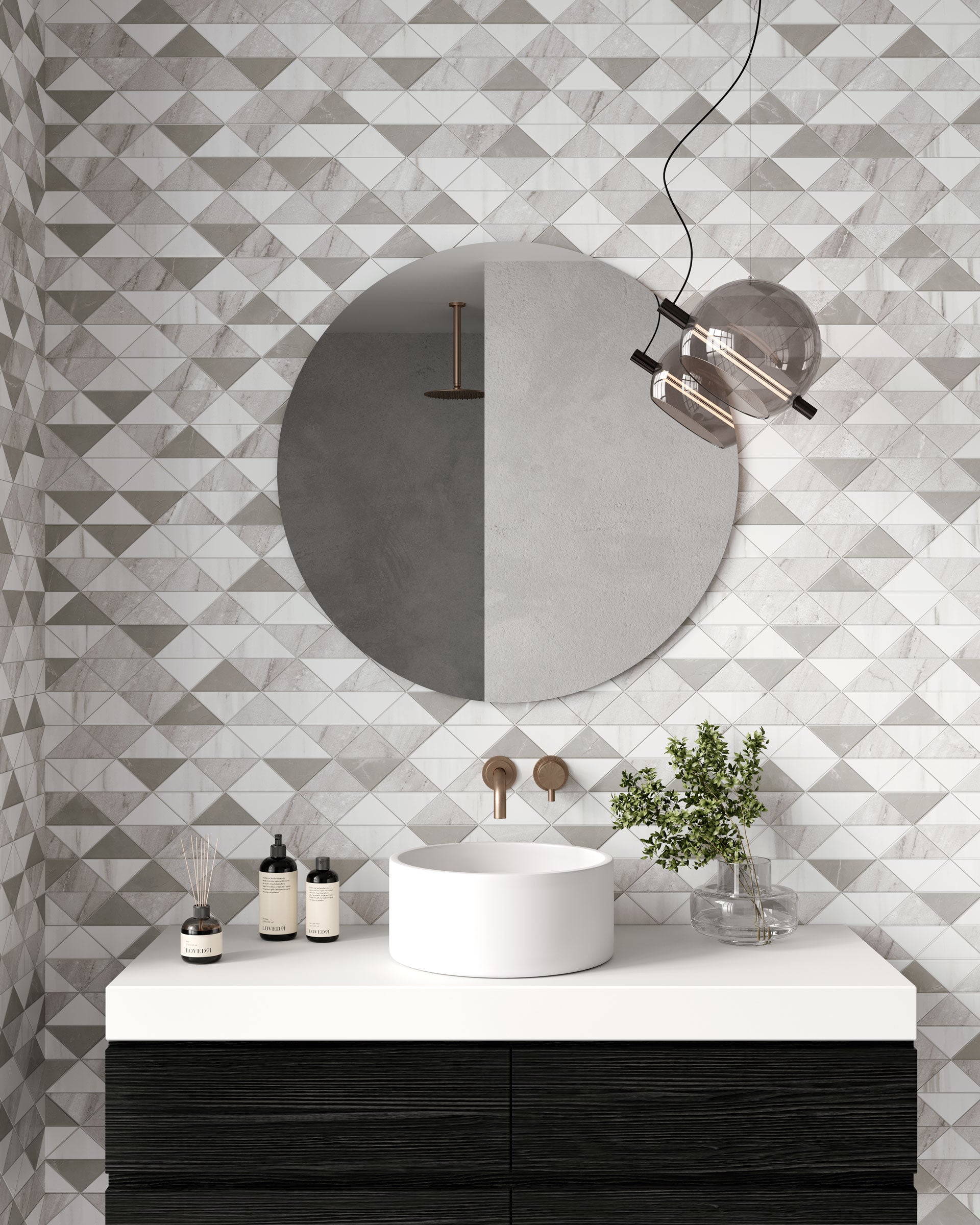 Shapes 11x13 Matte Porcelain Palace Triangle Mesh Mosaic Tile in White/Grey
