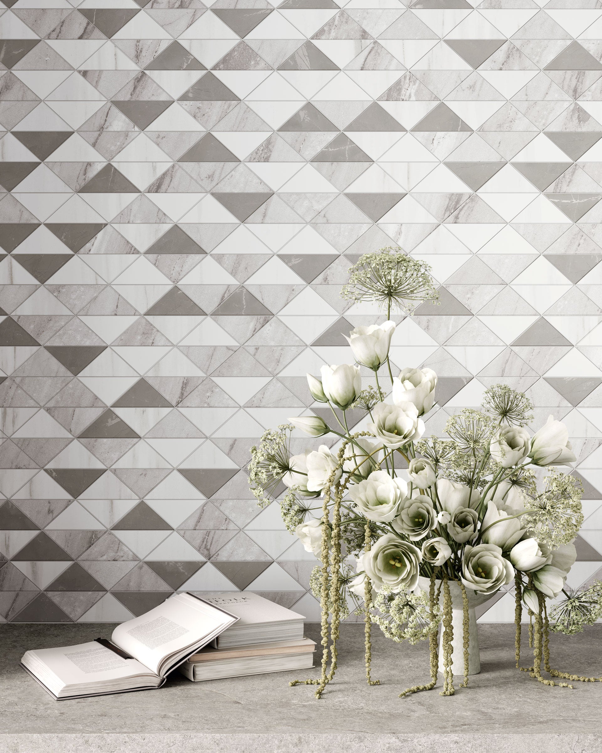 Shapes 11x13 Matte Porcelain Palace Triangle Mesh Mosaic Tile in White/Grey