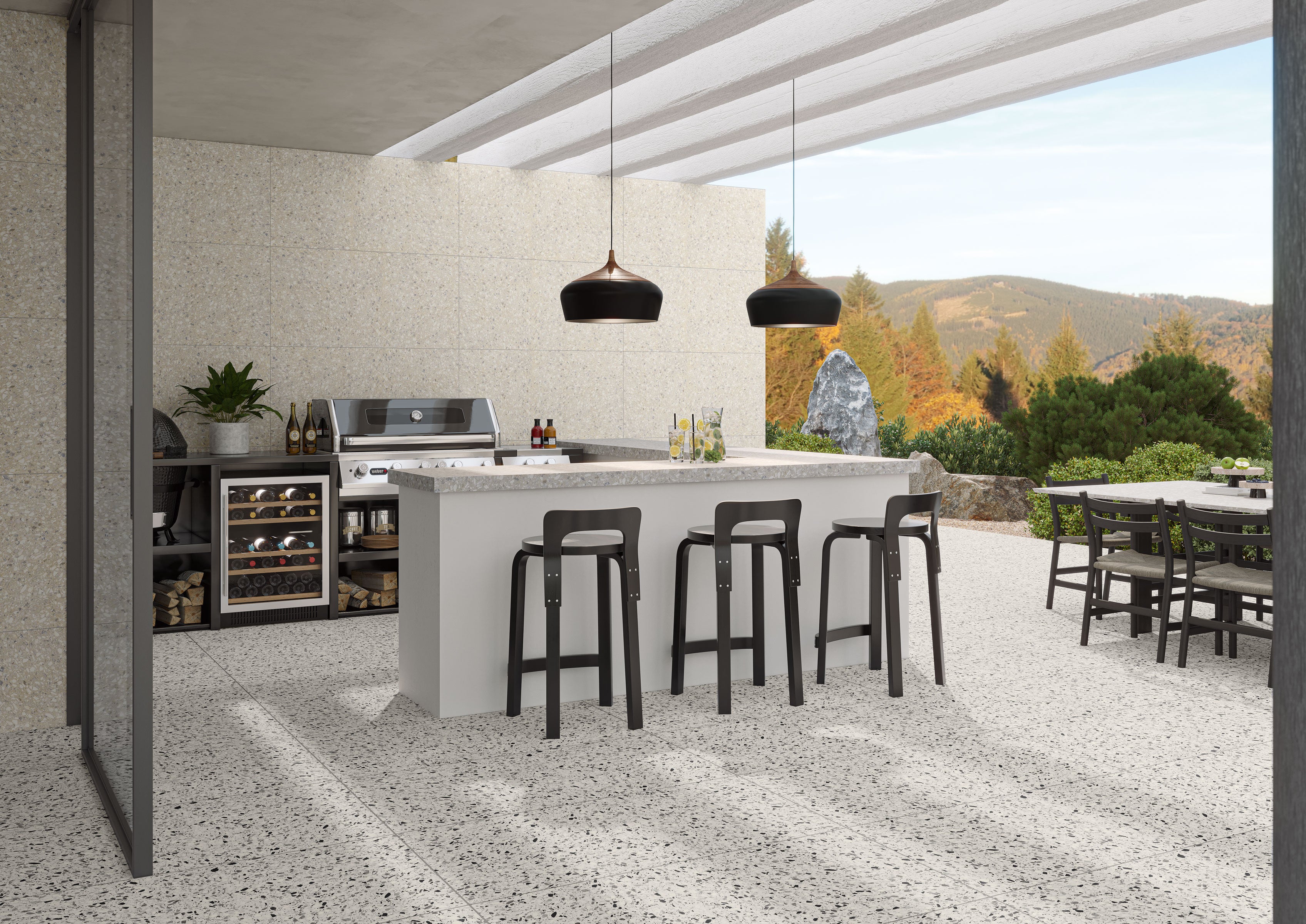 Terrazzo Allure™ Pre-Fab 25.5x96 L-Shaped Top Matte Porcelain Tile in Eggshell