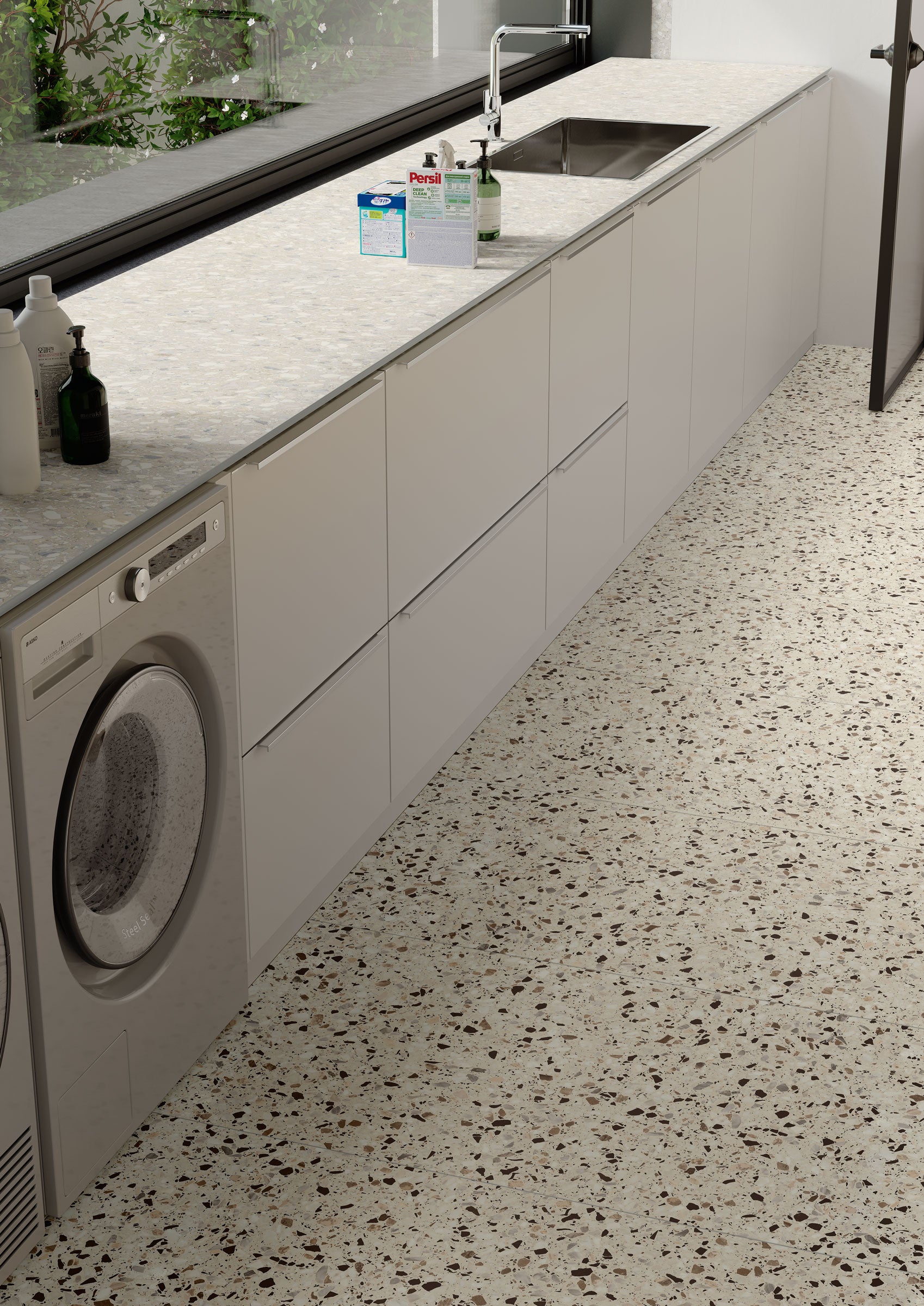 Terrazzo Allure™ Pre-Fab 32x96 Matte Porcelain Tile in Eggshell