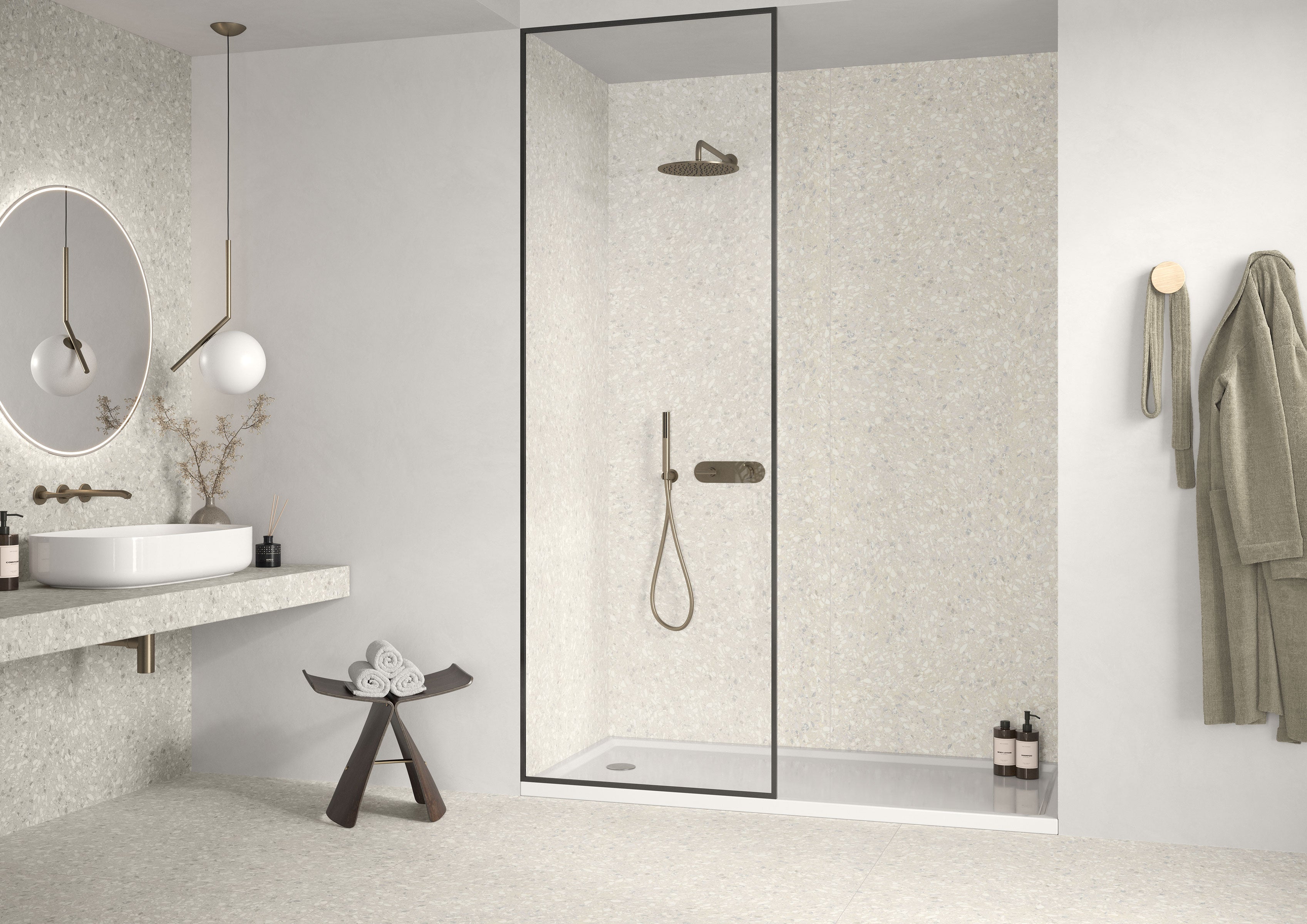 Terrazzo Allure™ Pre-Fab 25.5x96 L-Shaped Top Matte Porcelain Tile in Eggshell