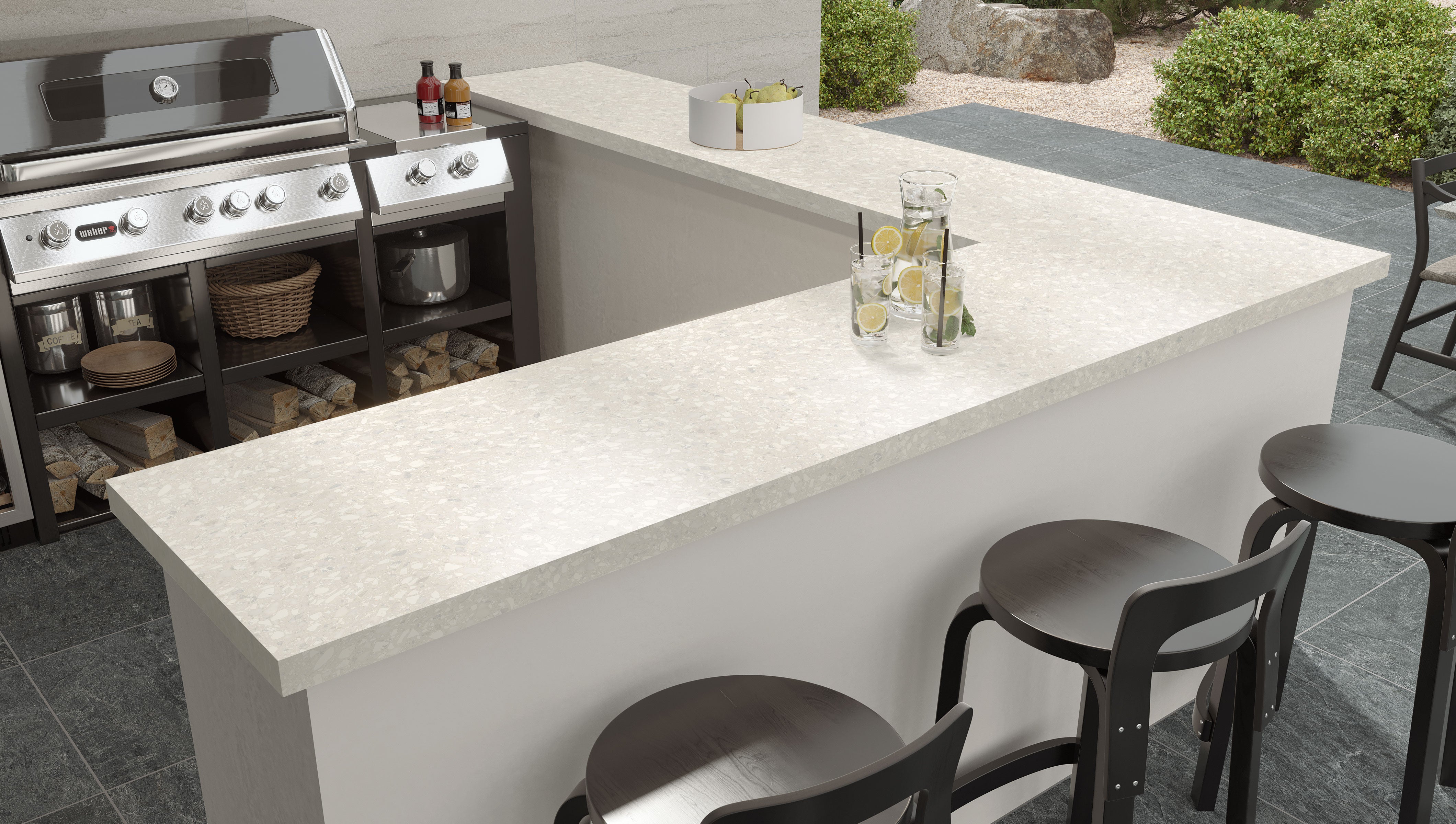 Terrazzo Allure™ Pre-Fab 25.5x96 L-Shaped Top Matte Porcelain Tile in Eggshell