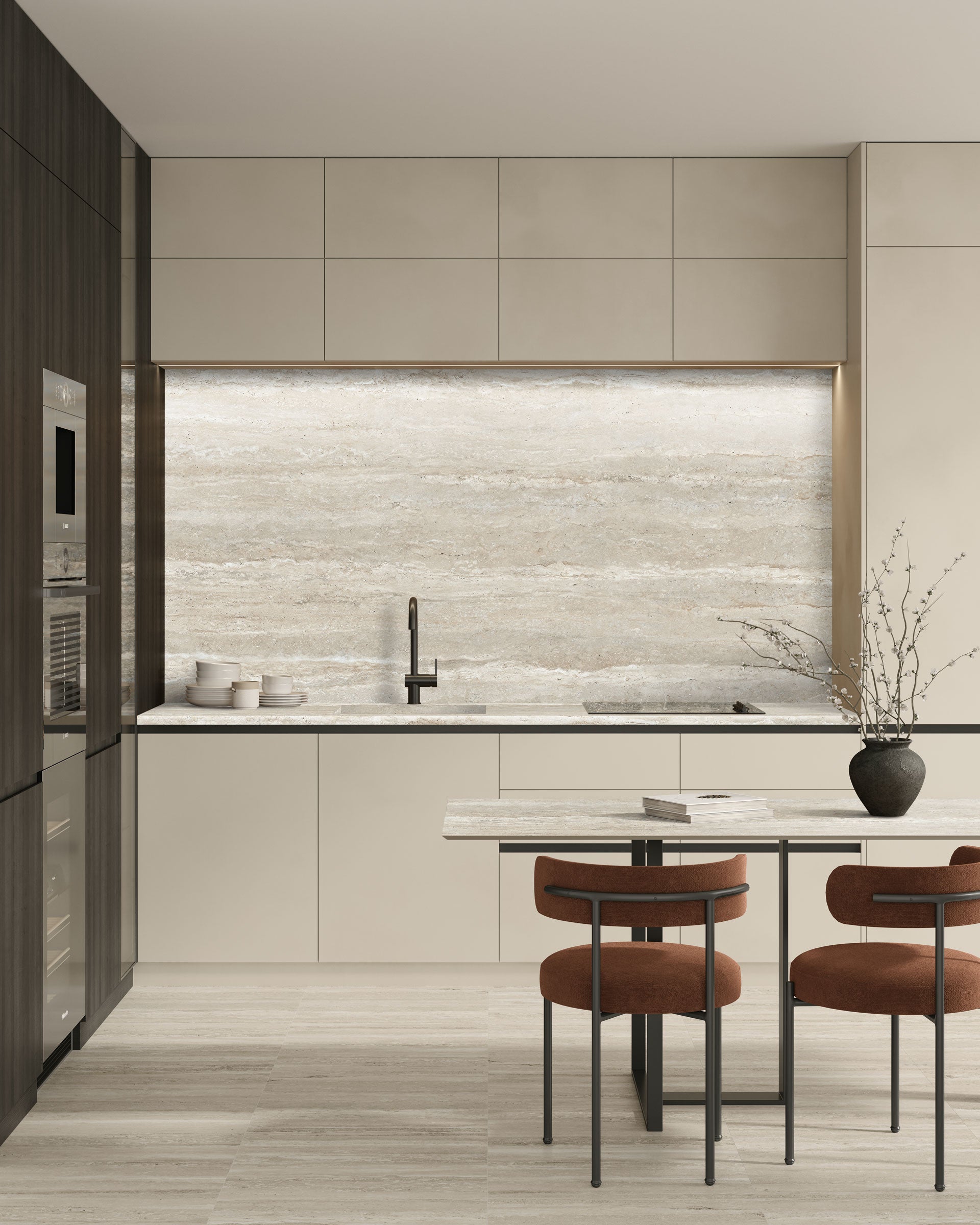 Travertine Pre-Fab 32x96 Shark Nose Matte Porcelain Tile in Silver