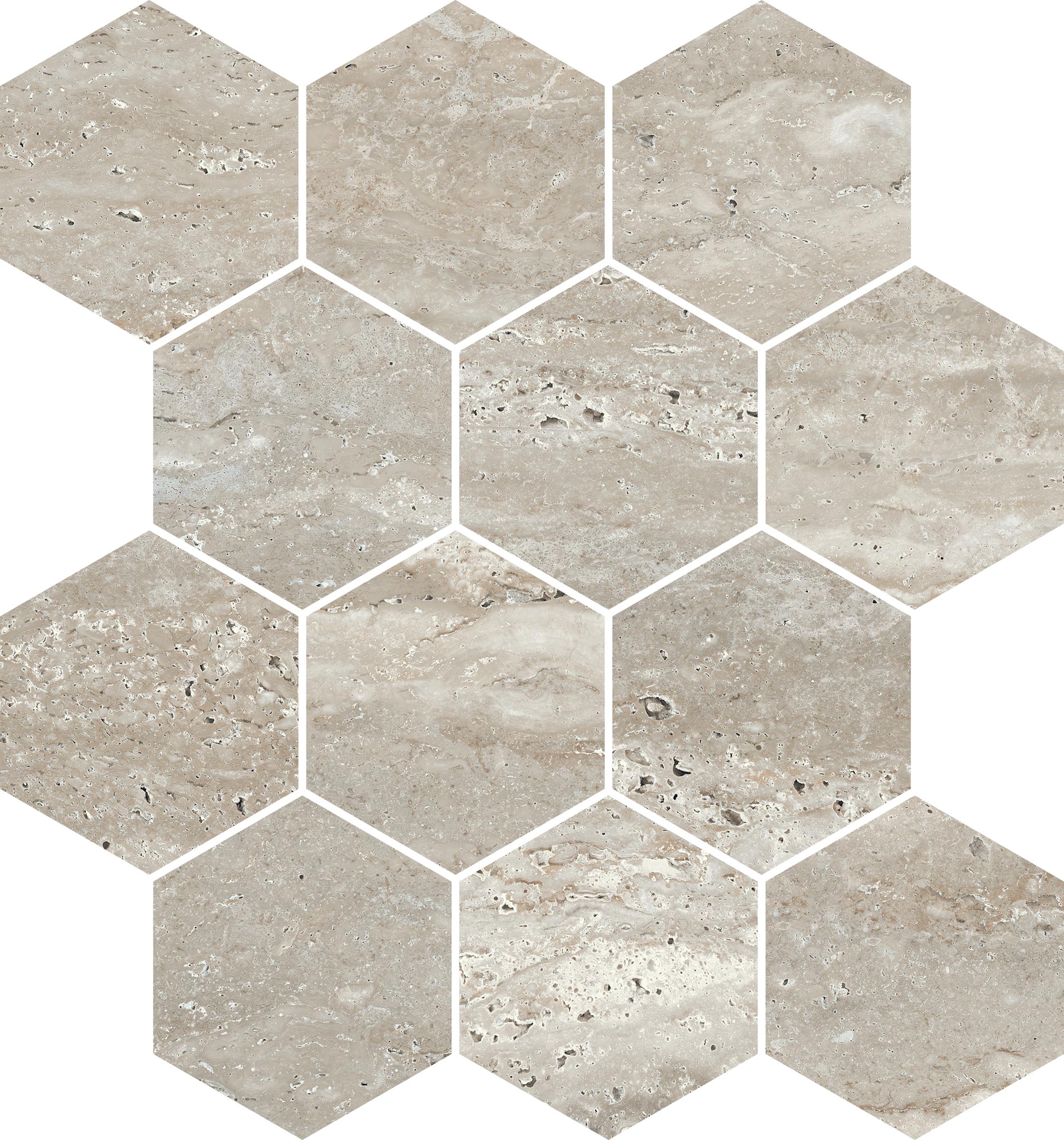 Travertine 3x3 Polished Porcelain Hexagon Mesh Mosaic Tile in Silver
