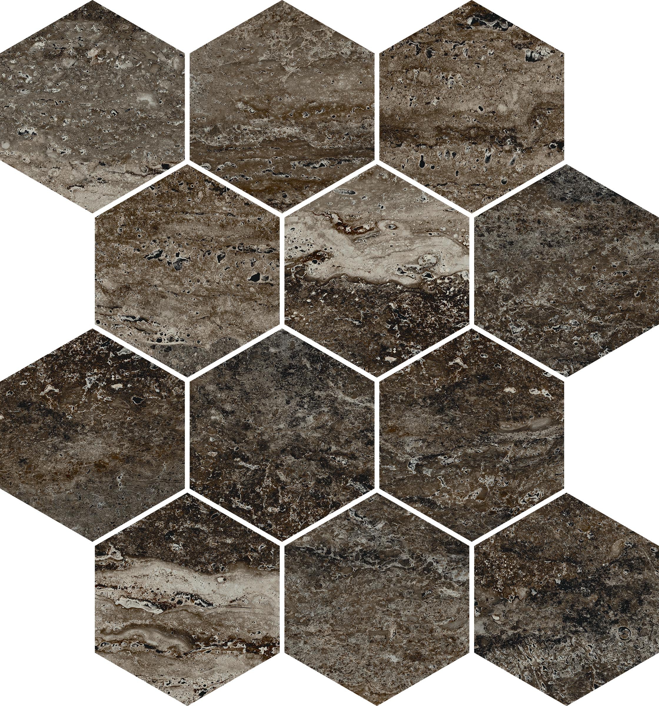 Travertine 3x3 Polished Porcelain Hexagon Mesh Mosaic Tile in Titanium